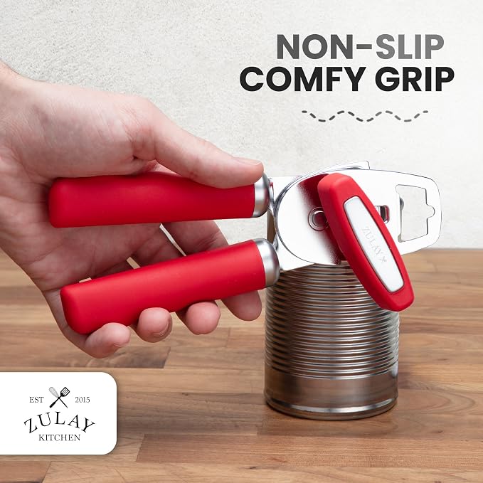 Zulay Kitchen Heavy Duty Stainless Steel Can Opener Manual with Bottle Opener - Rust Proof Manual Can Opener With Turn Knob & Comfy Soft Grip Handles - Cherry Red