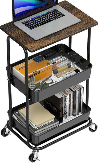 Simple Houseware 2-Tier Rolling Utility Cart with Lockable Wheels and Wood Top, Metal Storage Organizer Trolley for Kitchen, Bathroom, Office, Craft Room, Rustic Brown