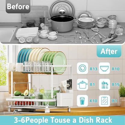 Multifunctional Dish Drying Rack - Rustproof, 2-Tier Dish Racks with Drainboard, Space-Saving Design, Utensil & Cup Holder for Kitchen Counter, White