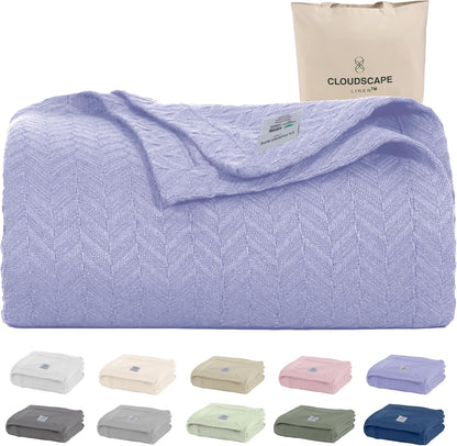 Cloud Scape Linen 100% Cotton Queen Size Blanket, Herringbone Pattern, Lightweight Summer Blanket,Best Gifts for Women, fits Full Size Bed, 92 x 92, Lavender Blue