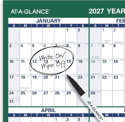 AT-A-GLANCE 2027 Erasable Calendar, Dry Erase Wall Planner, 24" x 36", Vertical, Reversible (PM2102827)