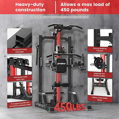Pull Up Bar Power Tower Dip Station with Cable Machine, 450LB Home Gym | Pull up bar, dip station and 16-position cable system for pull ups, dips, lat pulldowns, rows and full-body training