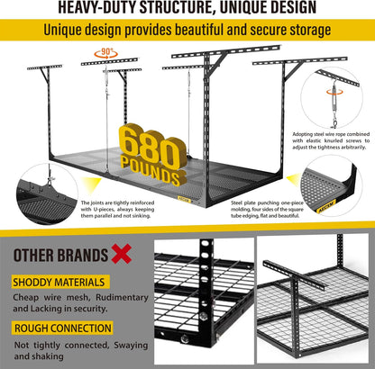 3x6ft Overhead Garage Storage, Adjustable Ceiling Mounted Storage Racks, 36" Length x72 Width x 35" Height, 20''-40" Ceiling Dropdown, 680LBS Weight Capacity (Black)