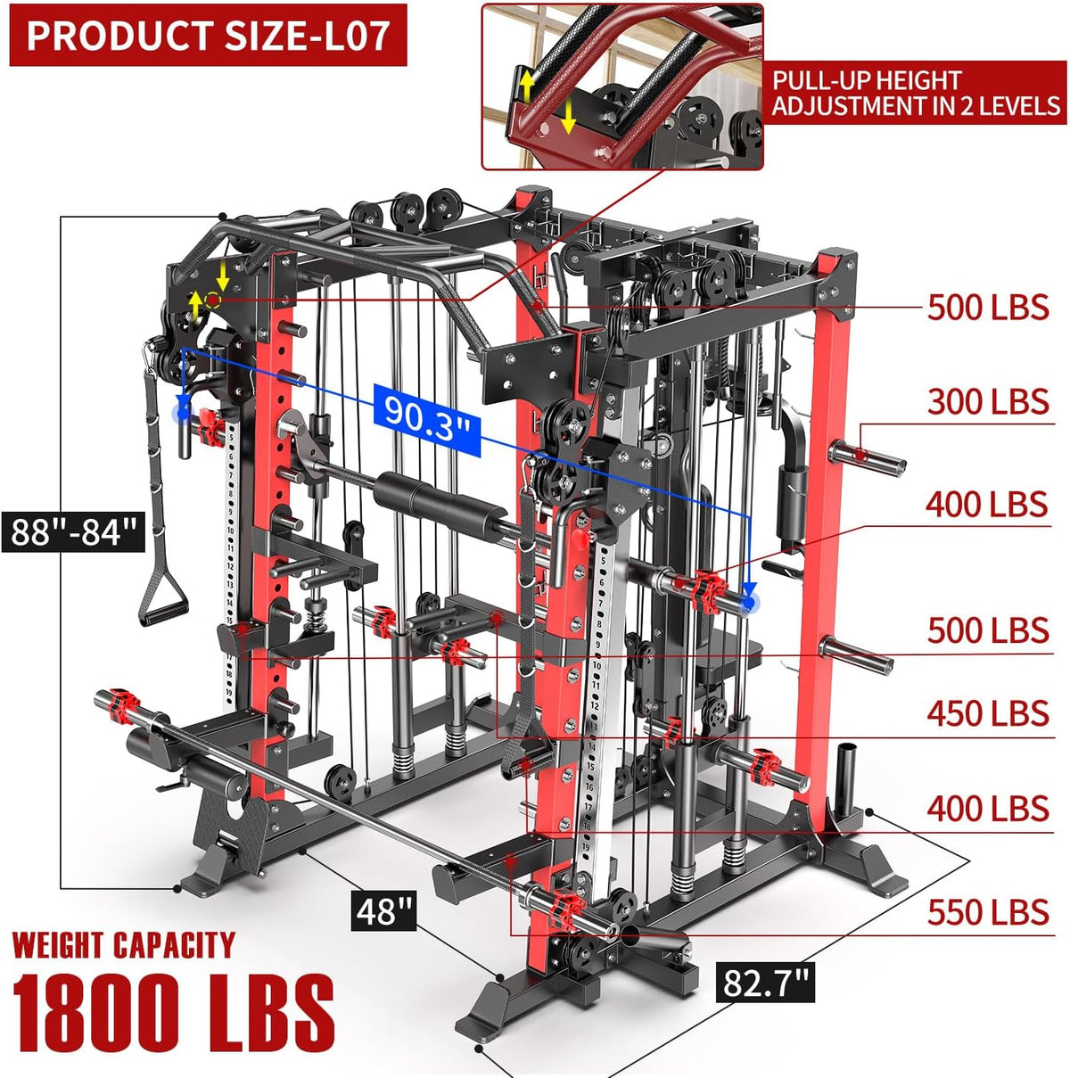 Smith Machine Power Rack Multifunctional Power Cage Deep Squat Rack Cable Crossover System Selectable More Training Attachment for Garage & Home Gym