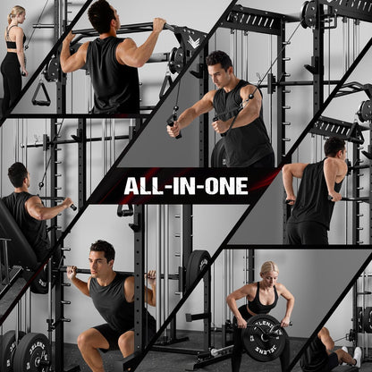 M21 Smith Machine, Multi-Function Power Cage with Dual Pulley Cable Crossover System, 2000LBS All-in-One Squat Rack with Smith Bar and Attachments