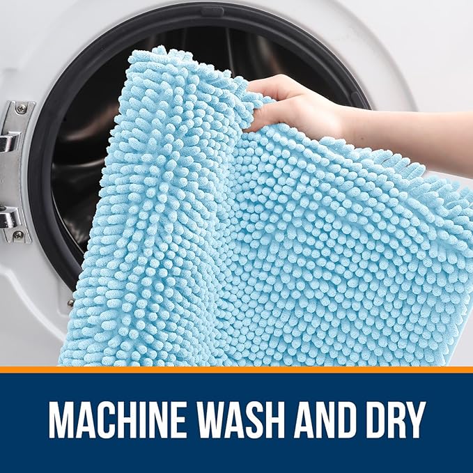 OLANLY Bathroom Runner Rugs 47x17, Soft Absorbent Chenille Bath Rugs, Rubber Backing Quick Dry, Machine Washable Long Bath Mats for Bathroom Floor, Tub and Shower, Home Decor Accessories, Sky Blue