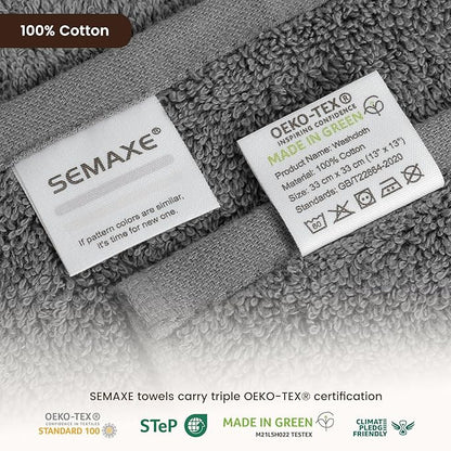 SEMAXE 100% Cotton Washcloths 12-Pack, 13 × 13 Inch Soft Luxury Face Towels – Super Absorbent & Quick-Dry, Premium Cloth with Hanging Loop, Oeko-TEX Certified, Gift-Ready Box