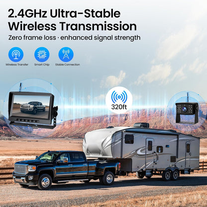 RV Backup Camera, Vehicle Backup Camera with AI Detection, 1080P Backup Cameras, 7'' Waterproof Wireless Backup Camera with DVR Recording & Night Vision for Car, Van, SUV, Truck, Trailer