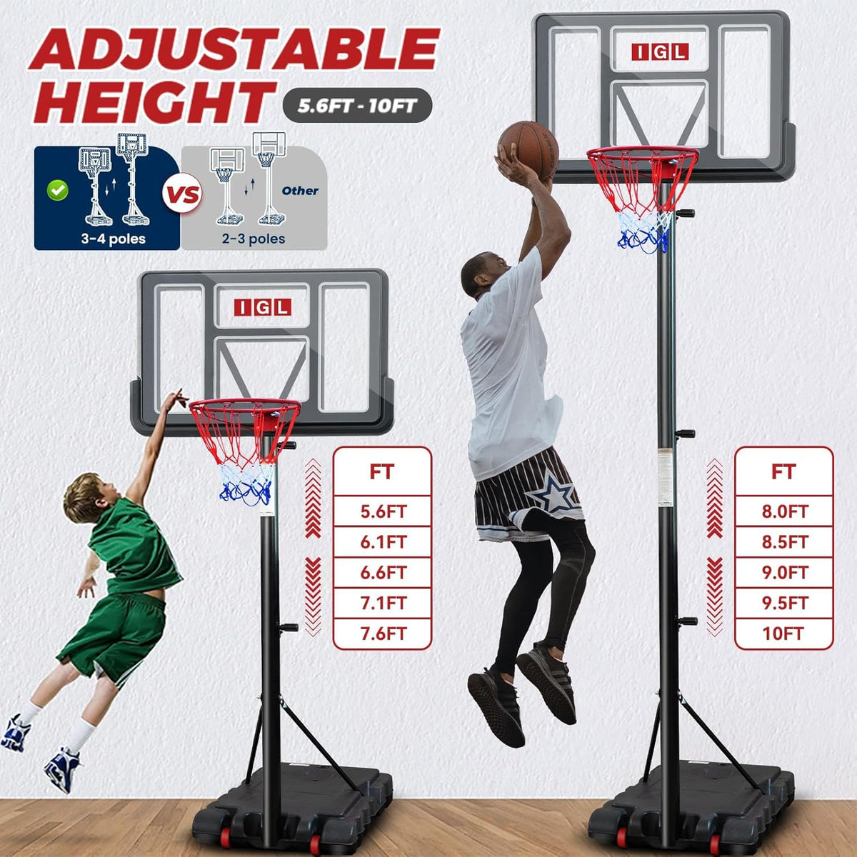 IGL Portable Basketball Hoop, 5.6-10FT Adjustable Basketball Goal System, 44 Inch Outdoor Basketball Hoop & Goals for Kids, Youth, and Adults in The Backyard, Driveway with PC Backboard