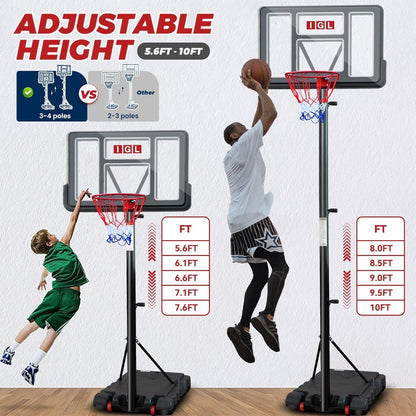 IGL Portable Basketball Hoop, 5.6-10FT Adjustable Basketball Goal System, 44 Inch Outdoor Basketball Hoop & Goals for Kids, Youth, and Adults in The Backyard, Driveway with PC Backboard