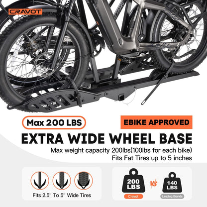 CyberRack E2 Hitch 2 EBike Rack with Ramp, 200 lbs Capacity Electric Bike Carrier Foldable Platform Mount, Up to 5-inch Fat Tire Bicycle for 2'' Receiver Cars Trucks SUVs Minivans RV, Trailer