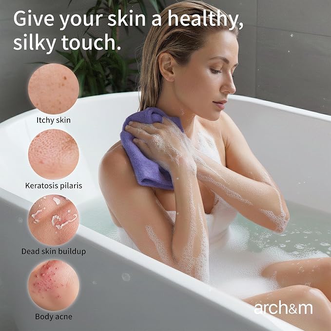 ARCH&M Exfoliating Shower Towel Japanese & Korean-Style, 35-Inch, 3 Pack | Textured Nylon, Back Scrubber for Shower, Smoother Skin, For Rough, Bumpy & Ingrown Hair Prone Skin, Daily Use, Quick-Dry