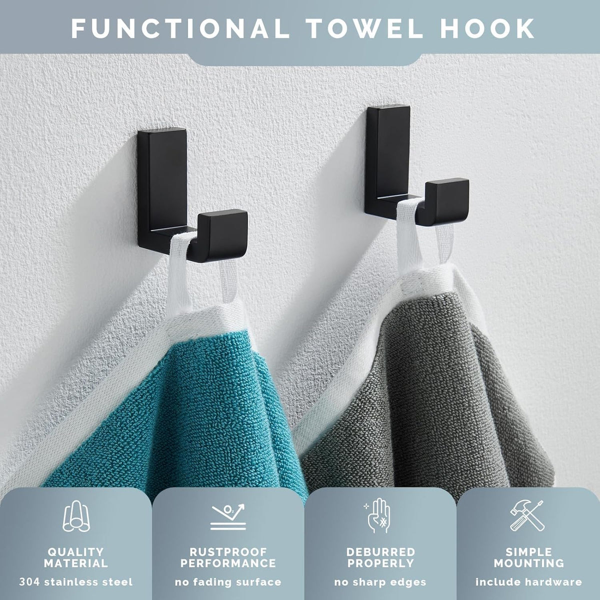 Angle Simple Bathroom Towel Hooks, SUS 304 Stainless Steel Robe Coat Holder Hanger Wall Mounted, Matte Black, 4 Pack