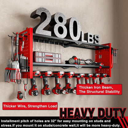 Power Tool Organizer Wall Mount,Cordless Drill Hanger Storage Rack 8 Drill Holder,3 Layers Heavy Duty Power Tool Storage Rackr(Red)