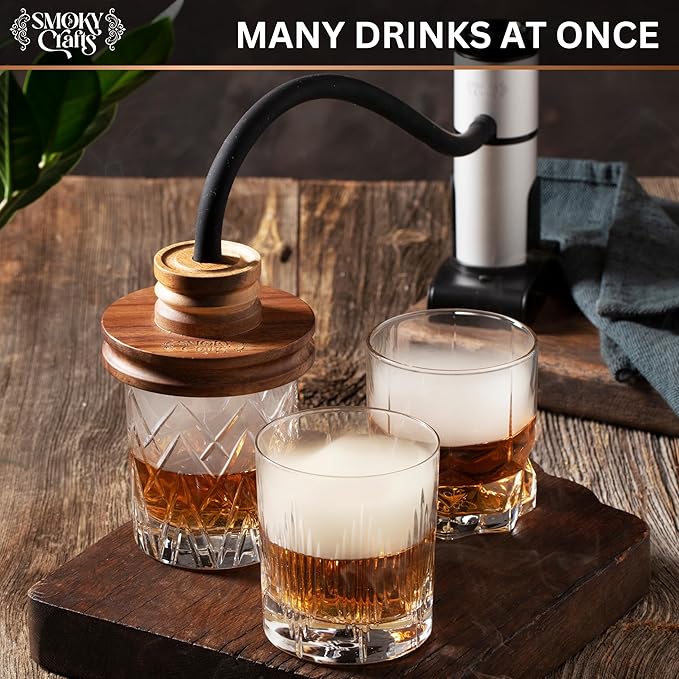 Food and Drink Smoker Kit with Smoke Gun, 8" Smoking Cloche Glass Dome, Acacia Cocktail Smoke Top and Wood Chips (Apple & Cherry) - Whiskey Smoker Kit - Gifts for Men