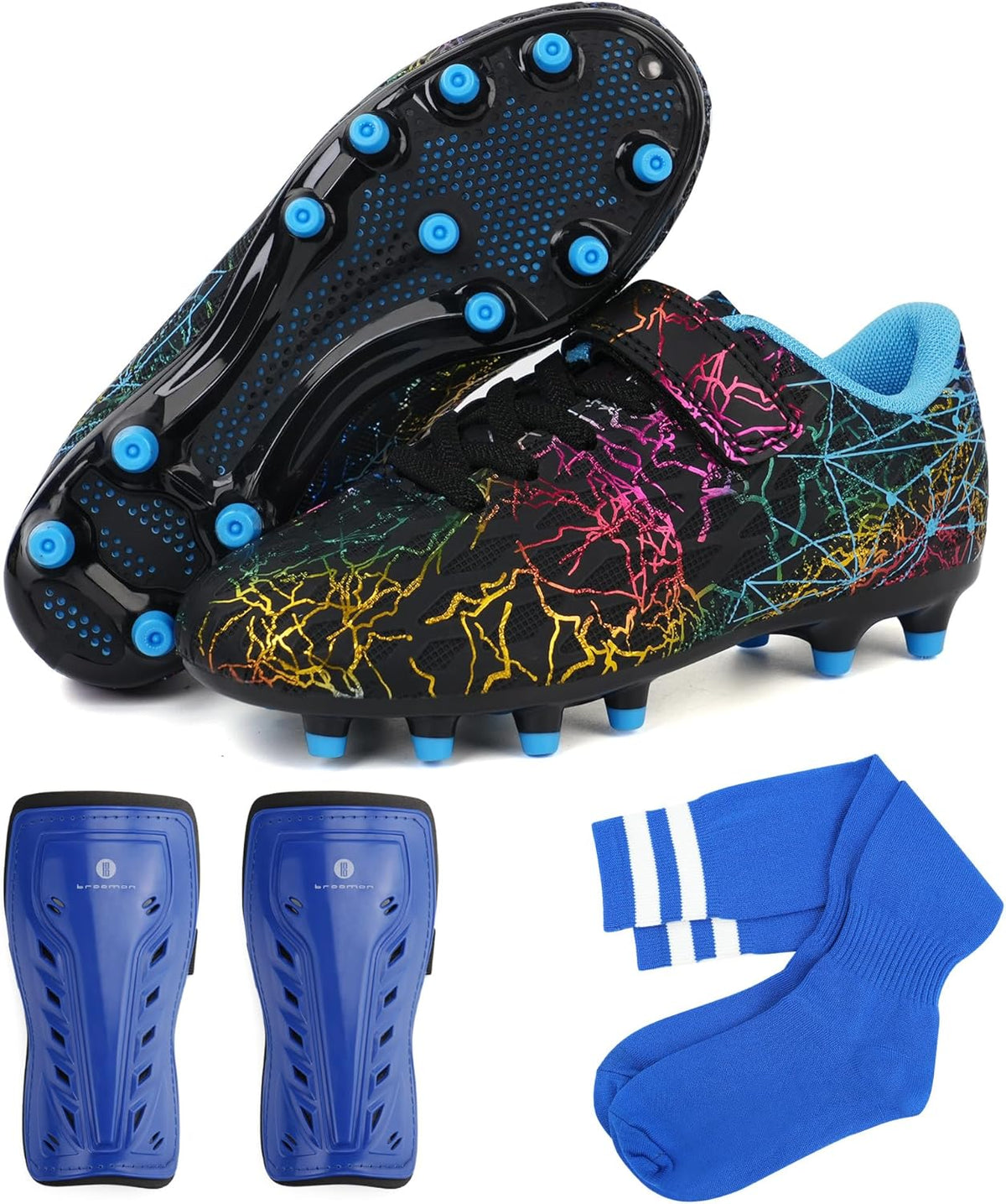 brooman Kids Firm Ground Soccer Cleats Girls Football Cleats with Shin Guards and Soccer Socks