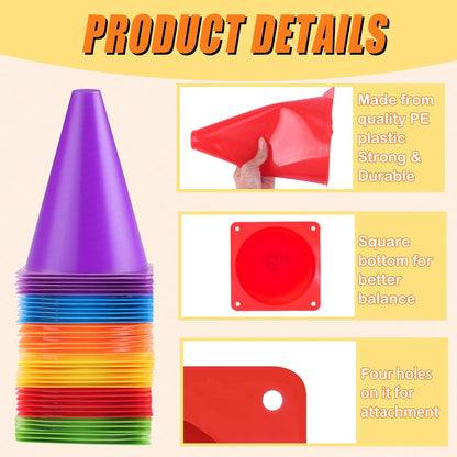 7" Soccer Cones for Training, 36 Pack Sports Agility Field Plastic Small Cones for Kids Skating Basketball Football Practice Drills, 6 Colors