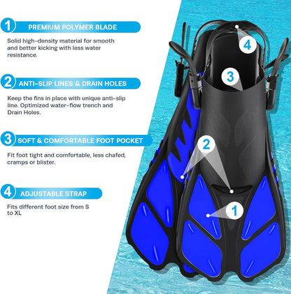 ZEEPORTE Mask Fin Snorkel Set, Travel Size Snorkeling Gear for Adults with Panoramic View Anti-Fog Mask, Trek Fins, Dry Top Snorkel and Gear Bag for Swimming Training, Snorkeling Kit Diving Packages