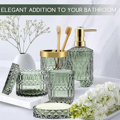 Green Bathroom Accessories Set, 5 Pcs Vintage Diamond Clear Glass Bathroom Set Include Lotion Soap Dispenser, Soap Dish, Toothbrush Holder, Tumbler, Cotton Swab Jar for Modern Bath Countertop Decor