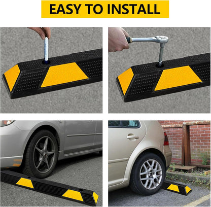 72-Inch Heavy Duty Rubber Parking Curb with Reflective Stripes, 2-Pack 6-Foot Wheel Stopper for Garage, Driveway & Parking Lots