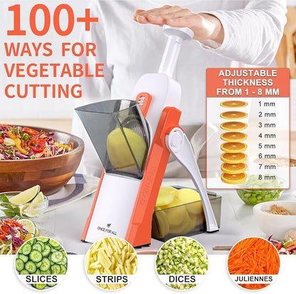 ONCE FOR ALL Safe Mandoline Slicer 5 in 1 Vegetable Cutter, Strips Julienne Dicer Adjustable Thickness 0.1-8 mm for Kitench Fast Meal Prep (Orange)