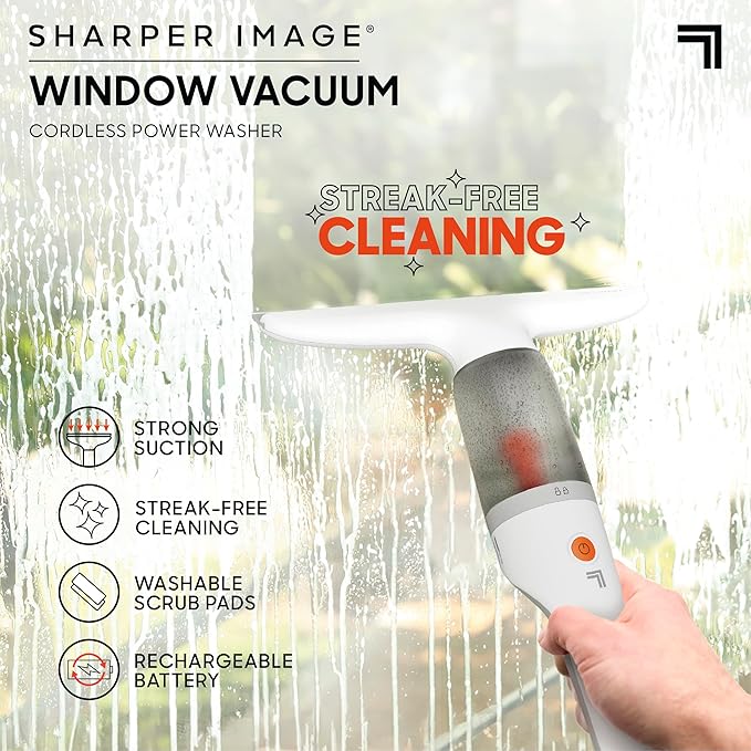 Sharper Image® 2-in-1 Window Vacuum Cleaner Kit – Cordless Squeegee, Spray Bottle, 11" Blade, 2 Washable Microfiber Pads| Cleaning Supplies Tool Set| Glass, Mirrors, Shower, Windows, Car Windshield
