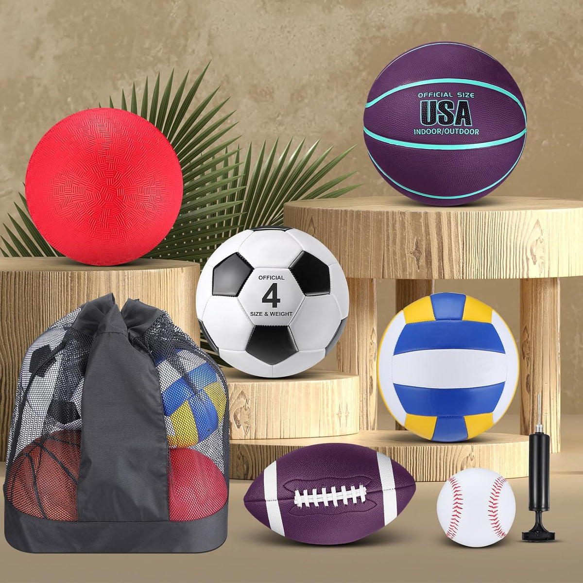 Realspring 6 Pcs Multi Sport Ball Set for Kid Teen Operation Christmas Official Size Football, Basketball, Soccer, Volleyball, Playground Ball, Baseball with Sports Equipment Bag Pump