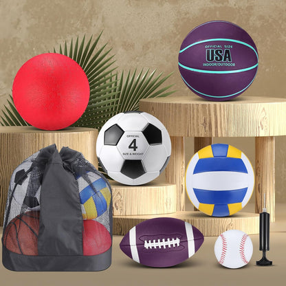 Realspring 6 Pcs Multi Sport Ball Set for Kid Teen Operation Christmas Official Size Football, Basketball, Soccer, Volleyball, Playground Ball, Baseball with Sports Equipment Bag Pump