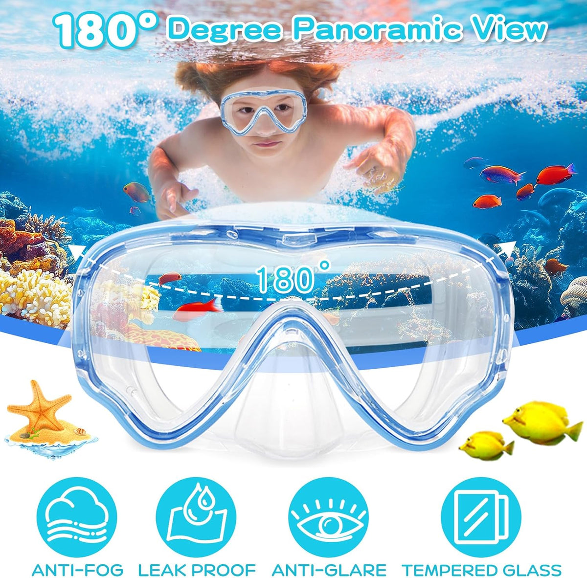 Kids Swim Goggles with Nose Cover, Snorkel Diving Mask Anti-Fog Anti-UV, Snorkeling Gear Swimming Goggles for Kids 3-14 2PCS