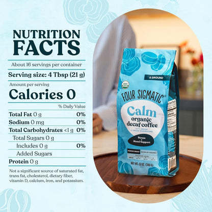 Four Sigmatic Calm Organic Decaf Ground Coffee | Swiss Water Decaf Coffee with Chaga & Reishi Mushroom Extracts | 12oz Bag