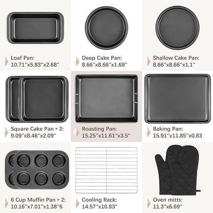12PCS Nonstick Baking Pans Set - Stackable Bakeware Sets with Wider Grip, Carbon Steel Baking Set Including Cookie Sheets for Baking, Muffin Pan, Loaf Pan, Cake pan, Roasting Pan, Oven Mitts