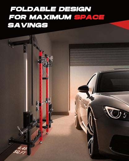 Folding Power Rack, Wall Mounted Squat Rack with Dual Independent Pulley System, Multi-Function Power Cage with 5 Adjustable Function Modes, Power Rack Trainer for Space Saving Home Gym
