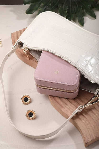 S.Leaf Travel Jewelry Organizer Travel Jewelry Boxes for Women Small Jewelry Travel Case Box Portable Travel Jewelry Case Travel Case Mini Jewelry (05_Suede_Touch_Dust_Pink)