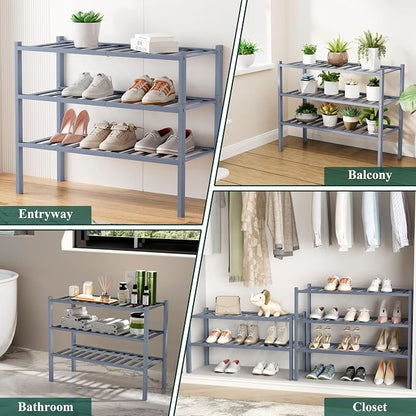 Smiry Small Bamboo Shoe Rack, 4 Tier Free Standing Wooden Shoe Organizer, Stackable Wood Shoe Storage Shelf for Closet, Entryway, 12 Vertical Slats, 2+2 Stack Standard Legs, 17.3"x11"x26", Grey
