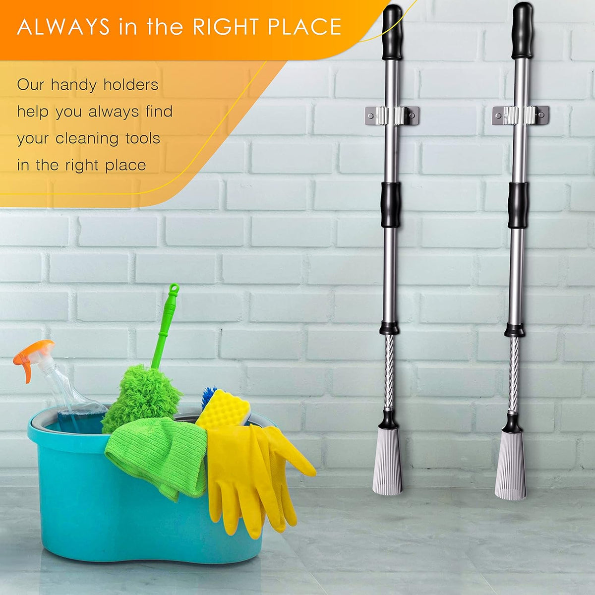 Self Adhesive Broom and Mop Holder Wall Mounted – SUS304 Stainless Steel 2-Slot Organizer with Anti-Slip Rubber Grips, 25lb Load, Adjustable for 0.6–1.4" Handles, Garage Kitchen Bathroom Use, 3 Pack