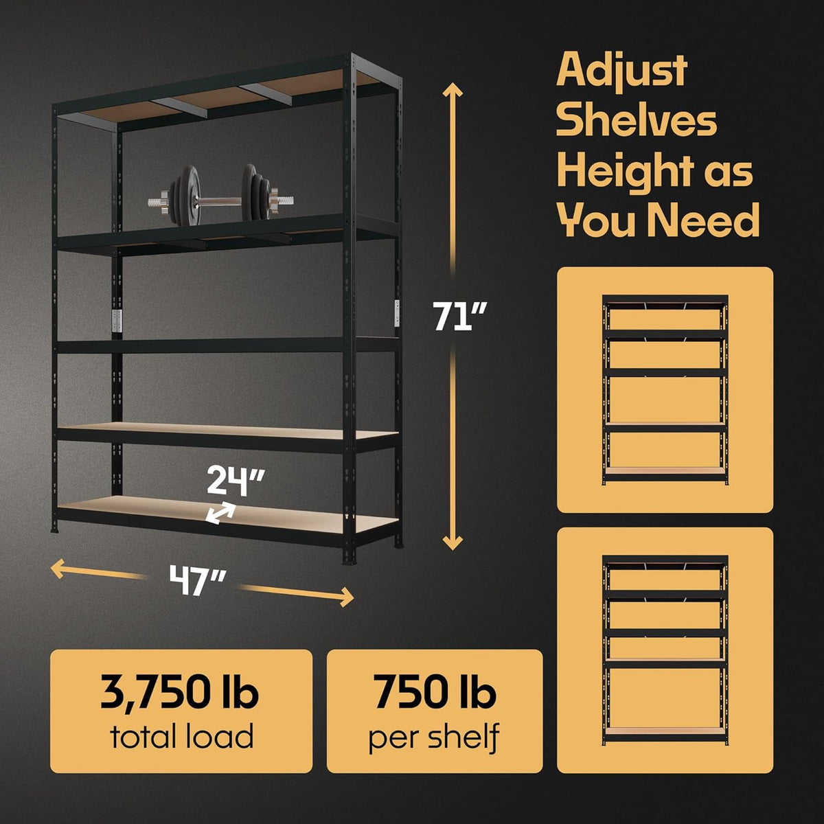 Storage Shelves: 5 Storage Shelves Heavy Duty w/ 3,750 lb Total Load Capacity, 750 per Storage Shelf, 71x47x24 | Perfect Solution for Your Storage Needs, Adjustable Shelving Unit