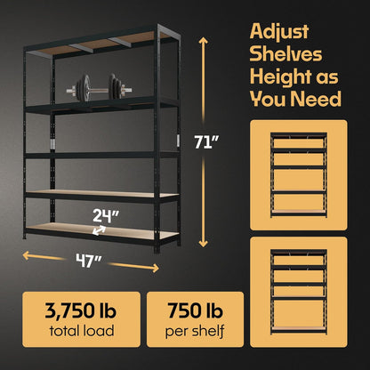 Storage Shelves: 5 Storage Shelves Heavy Duty w/ 3,750 lb Total Load Capacity, 750 per Storage Shelf, 71x47x24 | Perfect Solution for Your Storage Needs, Adjustable Shelving Unit