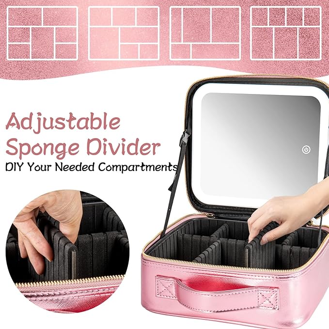 Makeup Travel Train Case with Mirror LED Light 3 Adjustable Brightness Large Cosmetic Bag Portable Storage Adjustable Partition Waterproof Makeup Brushes Make up Jewelry Gift for Women