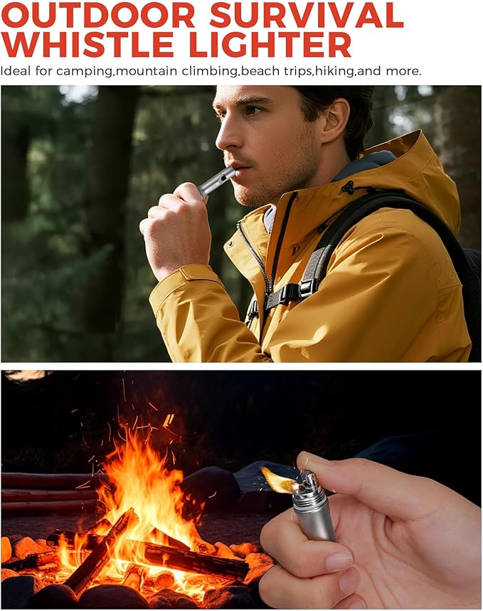 3-in-1 Fire Starter Survival Tool -Titanium Emergency Whistle, Kerosene Lighter & Mini Pill Holder, IPX8 Water-Resistant, Dust-Resistant, Compact for Hiking, Camping, Rescue(Fuel not Included)
