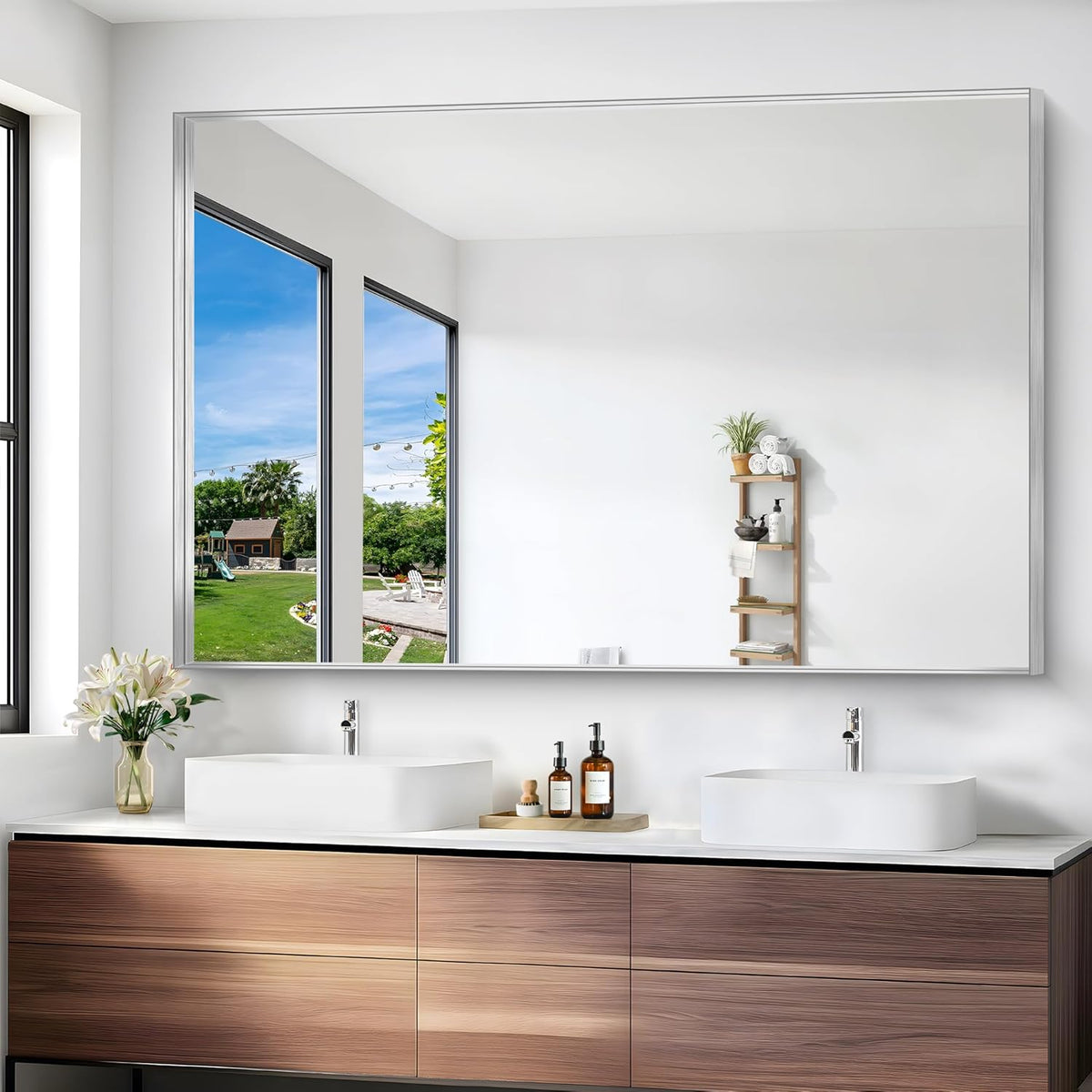Silver Bathroom Mirror, 60x40 Inch Rectangular Framed Mirror, Large Wall Mounted Bathroom Vanity Mirror Over Sink for Bedroom,Restroom, Living Room, Hangs Vertically or Horizontally