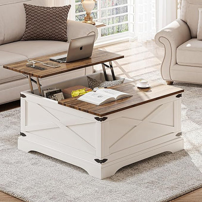 BROTTAR Lift Top Coffee Table with Storage, Square Coffee Table for Living Room with Charging Ports, Farmhouse Dining Table with Large Hidden Storage, White, 31.5"