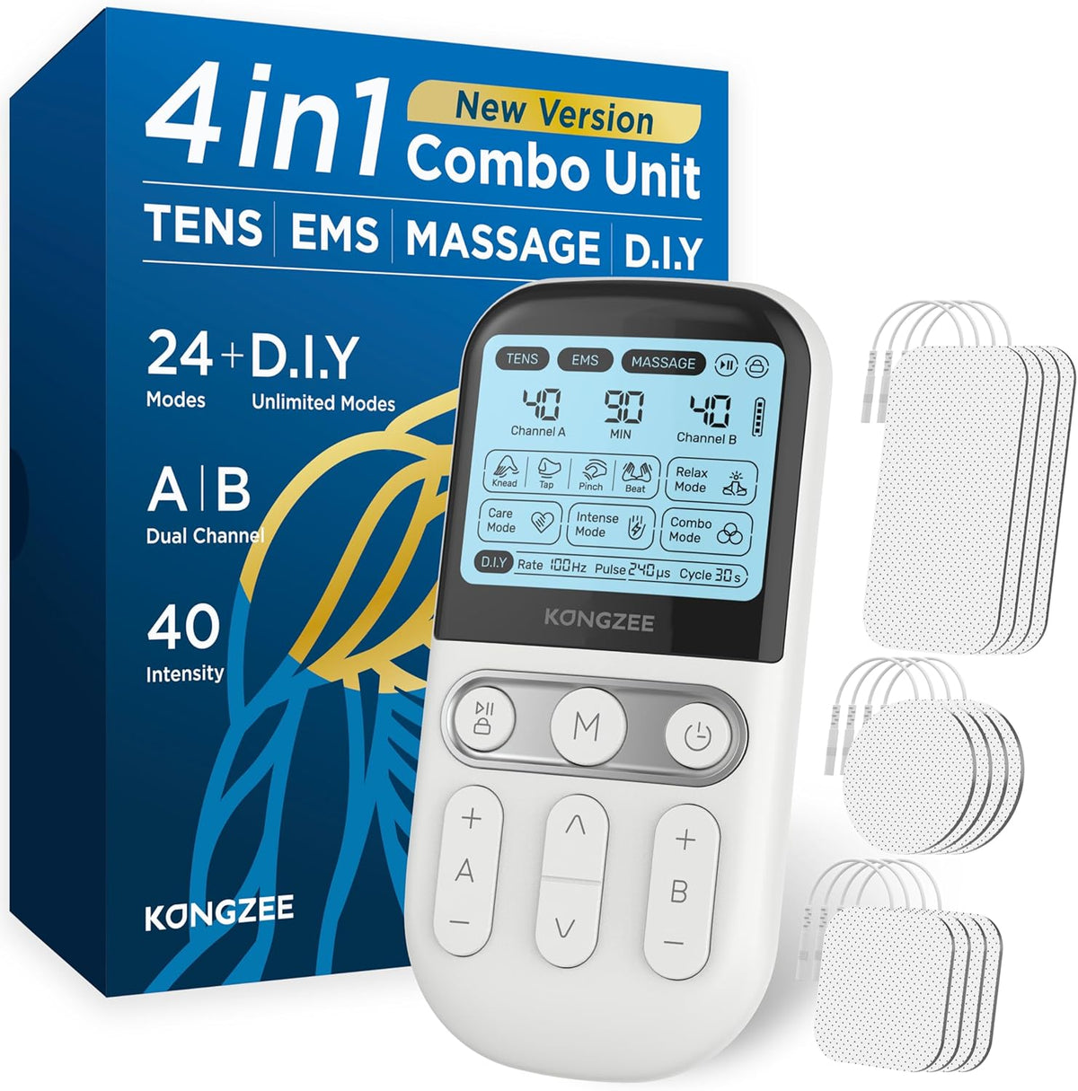 4 in 1 - D.I.Y & Tens Unit & EMS & Massage Muscle Stimulator, Dual Channel TENS Units Therapy Machine for Pain Relief, FDA Cleared Rechargeable Electronic Pulse Massager, with 12pcs Electrode Pads.