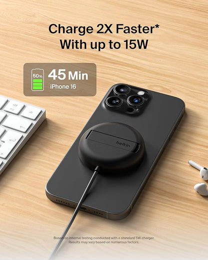 Belkin Magnetic Wireless Charging Pad Qi2 15W w/Kickstand - MagSafe-Compatible Qi2-Certified Wireless Charger for iPhone 17 Series, Samsung Galaxy S25 Series, AirPods (No PSU) - Black