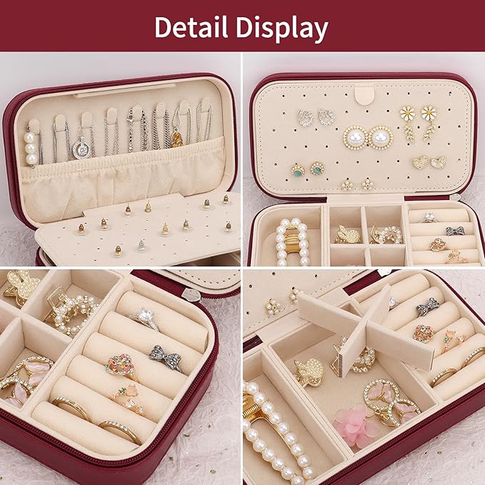 DesignSter Travel Jewelry Box, PU Leather Portable Jewelry Case, Small Jewelry Boxes for Gifts, Travel Jewelry Organizer for Women Rings Earrings Necklaces Bracelets (Wine Red)