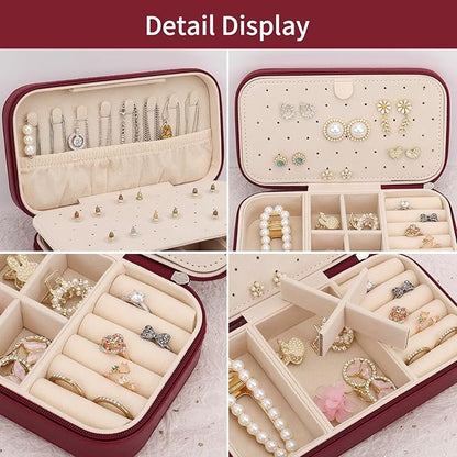 DesignSter Travel Jewelry Box, PU Leather Portable Jewelry Case, Small Jewelry Boxes for Gifts, Travel Jewelry Organizer for Women Rings Earrings Necklaces Bracelets (Wine Red)