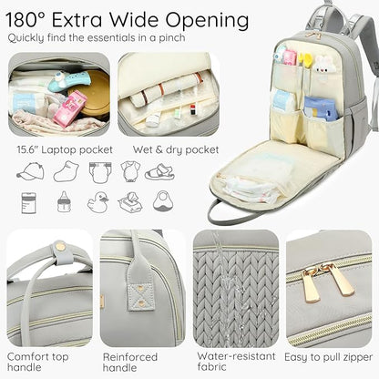 Diaper Bag Backpack - Large Multi functional, Boys, Girls & Baby Travel Essentials Tote with Changing Pad, Insulated Pockets, Stroller Straps, Waterproof - Baby Backpack for Mom & Maternity (Gray)