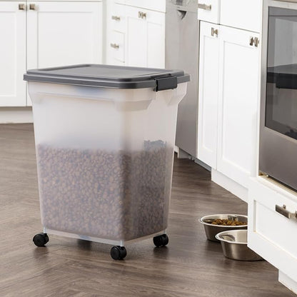 IRIS USA Dog Food Storage Container 58 lbs, Attachable Wheels, & Included Scoop, for Dog Cat Birds and other Pets, Food Storage Bin, Keep Fresh, Easy Mobility, BPA Free - Made in the USA, Dark Gray