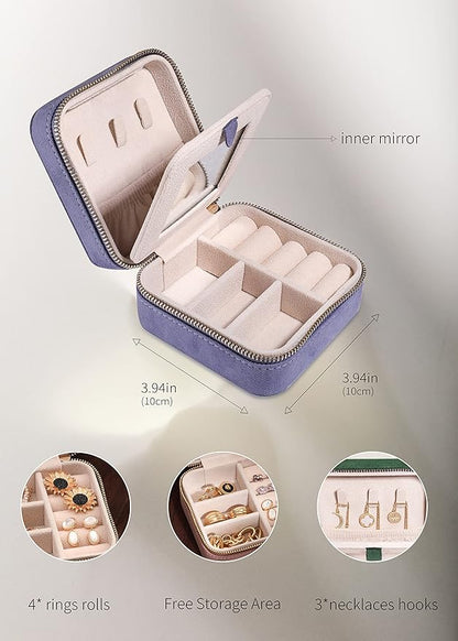S.Leaf Mini Travel Jewelry Case - Portable Organizer Box for Women (Suede Touch, Dust Lavender)