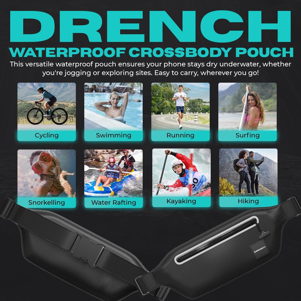 DRENCH 100% Underwater Waterproof Fanny Pack. Waist Pack. Submersible Waterproof Phone Pouch. Dry Bag for Swimming, Boating, SUP & Snorkelling. Underwater Phone case. Floating Belt Bag