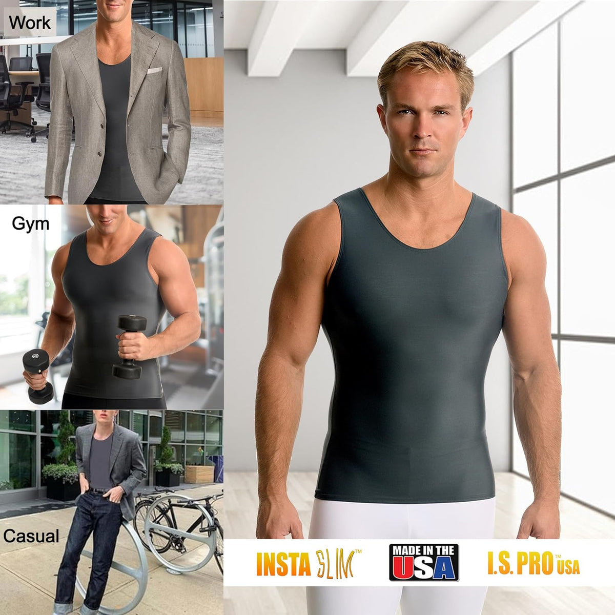Insta Slim -Made in USA- Compression Tank-Top Shapewear for Men. Tummy Control Slimming Body-Shaper for Belly & Back Support